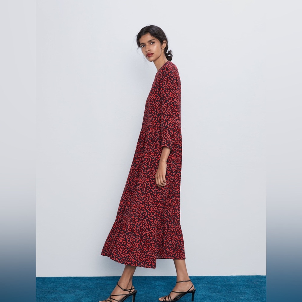 ZARA Red Leopard Printed Midi Tent Dress Women's Size M - Picture 2 of 15
